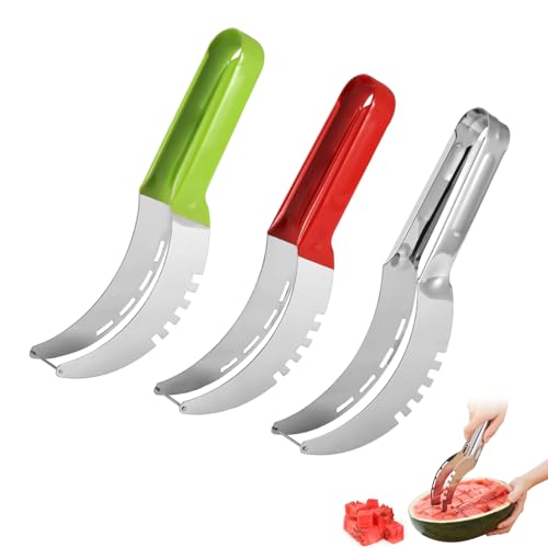 2 Stück Wassermelonen Schneider, Melonenschneider aus Edelstahl, Wassermelone Messer, Melonenausstecher Obstschneider Watermelon Cutter, Melonen Schneider Küchen Gadget (Mix 3pcs) von Kaezuy