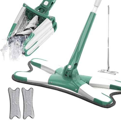 2024 Neu Bodenwischer X-förmiges Großer Flachmopp, Wischmopp mit Auswringfunktion, Flacher Wischmopp 360° Drehkopf Bodenwischer Set mit Wiederverwendbaren Mikrofaser Wischpads (Grün+2 Pads) von Kaezuy