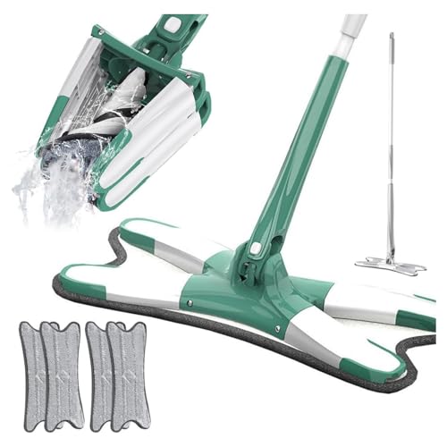 2024 Neu Bodenwischer X-förmiges Großer Flachmopp, Wischmopp mit Auswringfunktion, Flacher Wischmopp 360° Drehkopf Bodenwischer Set mit Wiederverwendbaren Mikrofaser Wischpads (Grün+4 Pads) von Kaezuy