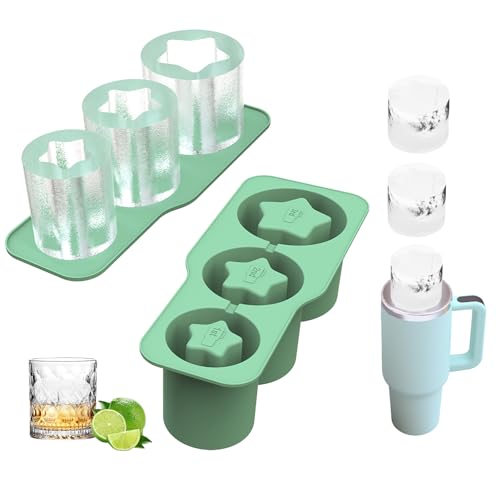 Eiswürfelform, Stanley Cup Zubehör Ice Cube Tray, 3 Fach Hohlzylindrisch Eiswürfelform mit Deckel, Silikon Eiswürfelbehälter für Stanley Cup 30-40oz, Eiswürfelformen für Bier Cocktails (Stern*grün) von Kaezuy
