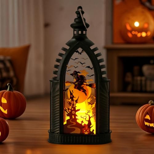Halloween Deko Laterne, Halloween Laterne Outdoor mit LED Kerze, 15cm Hohe Herbstdeko Kerzenlaterne mit Batterie, Halloween Deko Lampe zum Aufhängen für Innen Außen (Hexe) von Kaezuy