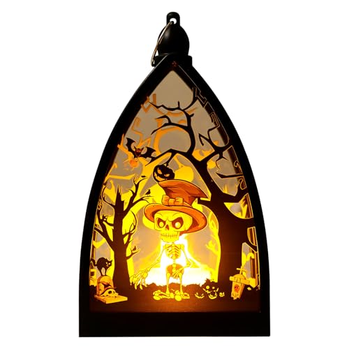 Halloween Deko Laterne, Halloween Laterne Outdoor mit LED Kerze, Batteriebetrieben Herbstdeko Kürbislaterne zum Aufhängen Herbst Innen Außen Licht für Garten Innenhof (Schädel) von Kaezuy