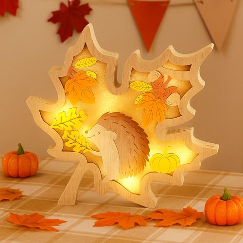 Herbst Deko Holz Kürbis Leuchten, Herbstdeko Innen Holz Ahornblatt, 3D Ahornblatt Deko LED Stimmungsleuchten für Herbstdeko Innen Tisch Fenster (C) von Kaezuy