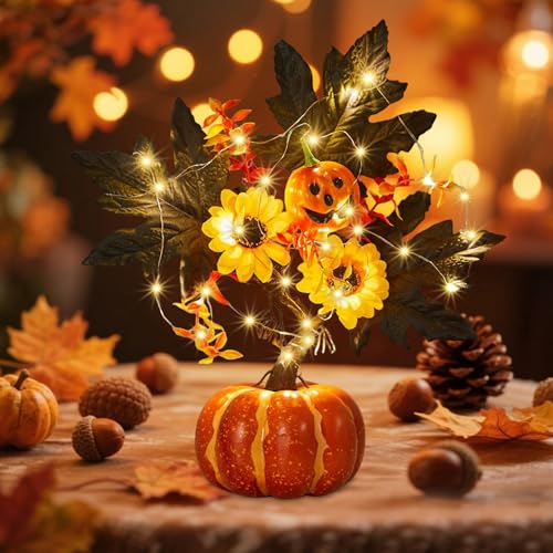 Kaezuy Herbstdeko Kürbis Ahornblatt Lichterbaum, Künstliche Foam Kürbis Baum mit LED Licht, Lichterbaum für Innen Herbst Deko Erntedankfest Tischdekoration (B) von Kaezuy
