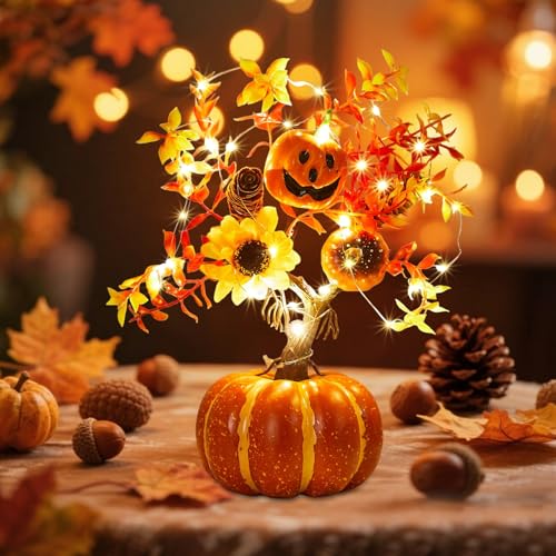 Kaezuy Herbstdeko Kürbis Ahornblatt Lichterbaum, Künstliche Foam Kürbis Baum mit LED Licht, Lichterbaum für Innen Herbst Deko Erntedankfest Tischdekoration (D) von Kaezuy