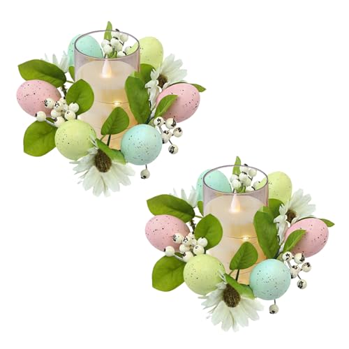 Ostern Kerzenringe 19CM Künstliches Rattan Kerzenkranz mit Ostereier Blume Schmetterling, 2 Stücke Kerzen Kranz Ringe Kerzenhalter Osterkranz für Stumpenkerzen Frühling Osterdeko (B, 2PC) von Kaezuy