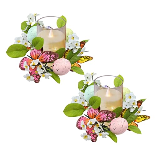 Ostern Kerzenringe 19CM Künstliches Rattan Kerzenkranz mit Ostereier Blume Schmetterling, 2 Stücke Kerzen Kranz Ringe Kerzenhalter Osterkranz für Stumpenkerzen Frühling Osterdeko (C, 2PC) von Kaezuy