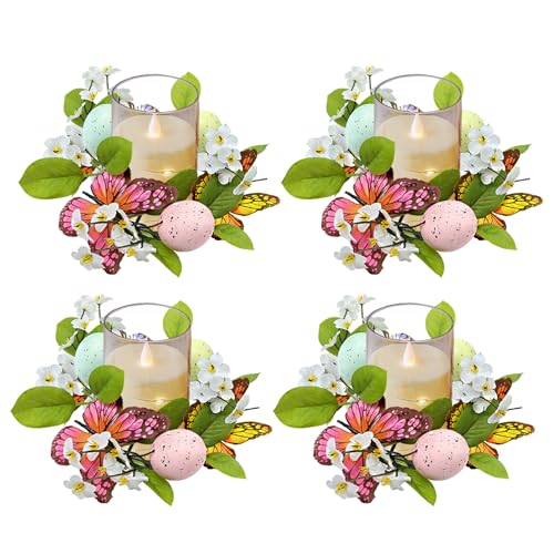 Ostern Kerzenringe 19CM Künstliches Rattan Kerzenkranz mit Ostereier Blume Schmetterling, 2 Stücke Kerzen Kranz Ringe Kerzenhalter Osterkranz für Stumpenkerzen Frühling Osterdeko (C, 4PC) von Kaezuy