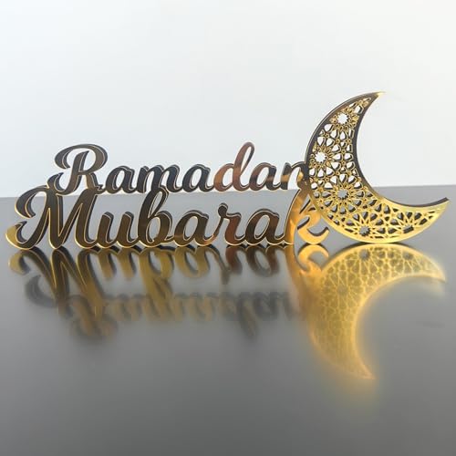 Ramadan Deko Tisch Ornament, Acryl Eid Mubarak Dekoration Gold Mond Tischschild, Islamische Muslim Deko Holz Ramadan Kareem Tischdeko für Ramadan Eid Party Geschenk (Stil-A) von Kaezuy
