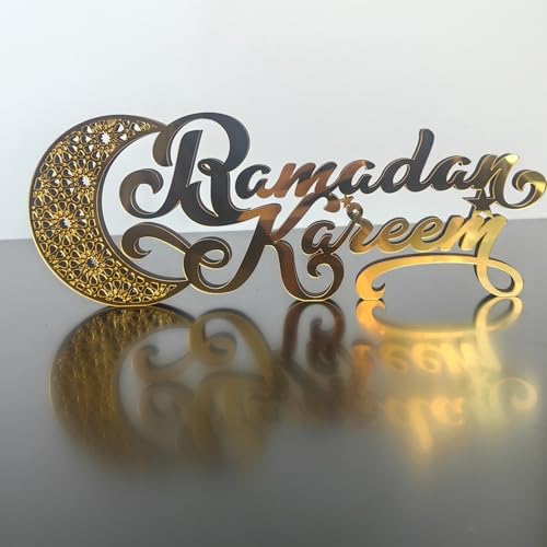 Ramadan Deko Tisch Ornament, Acryl Eid Mubarak Dekoration Gold Mond Tischschild, Islamische Muslim Deko Holz Ramadan Kareem Tischdeko für Ramadan Eid Party Geschenk (Stil-E) von Kaezuy
