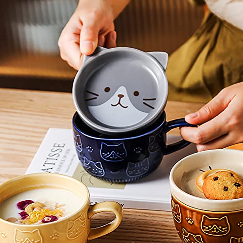 Kafei Katzen-Tasse mit Deckel,300 ml süße Tasse kreative Keramik Katzenkopf Kawaii Kaffeetasse mit Deckel Home Paar Frühstückstasse Milchtasse Wassertasse Kaffeetasse (Blau) von Kafei