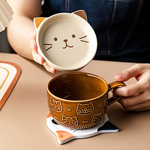 Kafei Kreative Keramik Kaffee Tassen mit Deckel, SüßE Katze, Porzellan Tassen, Familie, FrüHstüCk, Milch, GeträNke () von Kafei