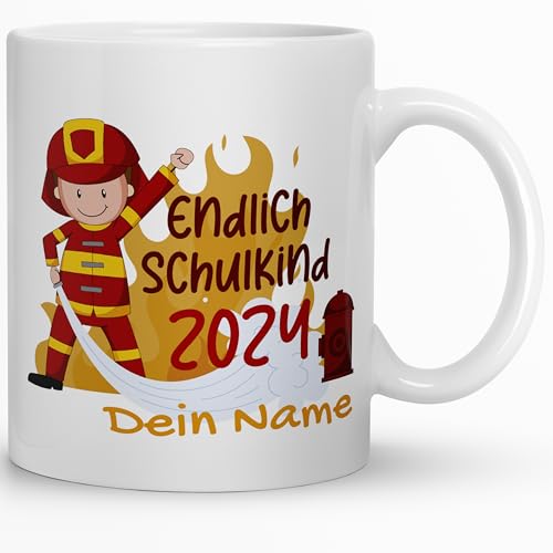 Kaffeebecher24 - Einschulungsgeschenke - Tasse Personalisiert mit Name - Spülmaschinenfest - Geschenke Einschulung 2023 - Schulkind Tasse (Feuerwehr) von Kaffeebecher24