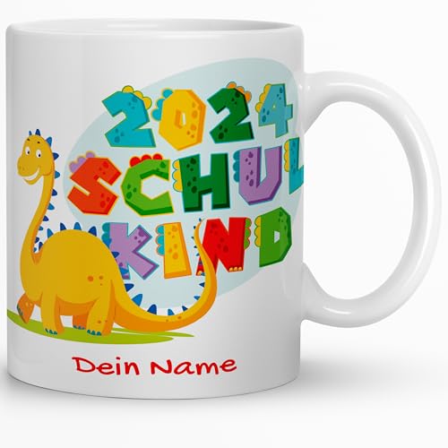 Kaffeebecher24 - Endlich Schulkind - Dino Tasse Personalisiert mit Name - Spülmaschinenfest - Geschenke Einschulung - Schulkind Tasse (Dino) von Kaffeebecher24