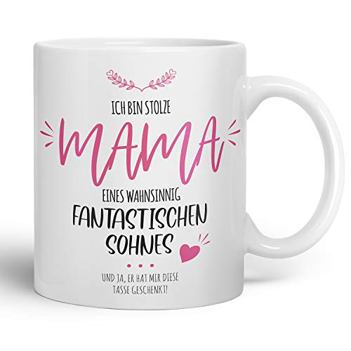 Kaffeebecher24 - Geschenk Muttertag - Mama Kaffeetasse mit Spruch - Fantastischer Sohn - Spülmaschinenfest - Muttertagsgeschenke Tasse - weiß von Kaffeebecher24