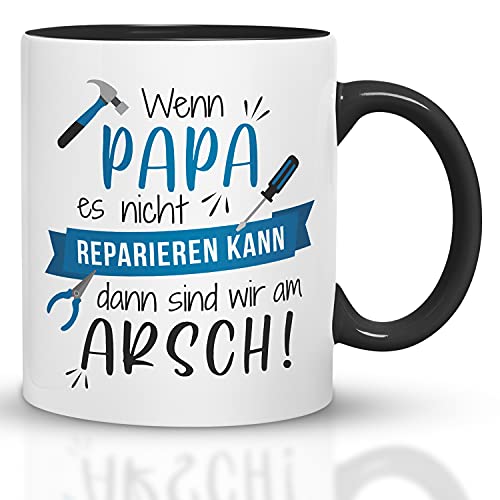 Kaffeebecher24 - Tasse wenn Papa es nicht reparieren kann - Spülmaschinenfest - Geschenke Papa Geburtstag - Tasse mit Spruch - Geburtstagsgeschenk für Männer (Schwarz-Blau) von Kaffeebecher24