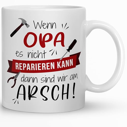 Kaffeebecher24 - Opa Tasse - Tasse wenn Opa es nicht reparieren kann - Spülmaschinenfest - 330ml - Bester Opa Tasse (weiß-rot) von Kaffeebecher24