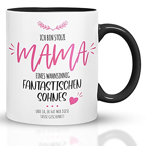 Kaffeebecher24 - Mama Sohn Tasse - Ich bin stolze Mama eines wahnsinnig fantastischen Sohnes - Geschenke für Mama zum Geburtstag - Lustige Tassen mit Sprüchen - (schwarz) von Kaffeebecher24