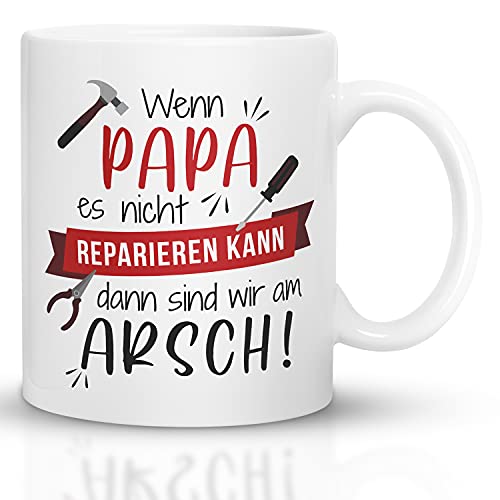 Kaffeebecher24 - Tasse mit Spruch - Wenn Papa es Nicht reparieren kann - Spülmaschinenfest Geschenke für Papa - Tasse lustig - Geburtstagsgeschenk für Männer (Weiß-Rot) von Kaffeebecher24
