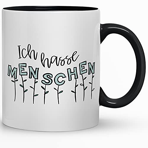Kaffeebecher24 Ich hasse Menschen Tasse mit Spruch - Spülmaschinenfest - Made in Germany, 330 ml (Blumen schwarz) von Kaffeebecher24