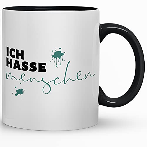 Kaffeebecher24 - Tasse mit Spruch - Ich hasse Menschen - Handarbeit - Made in Germany, 330 ml (Klecks schwarz) von Kaffeebecher24