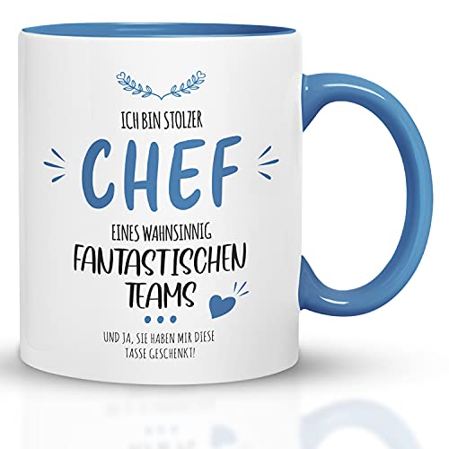 Kaffeebecher24 - Tasse mit Spruch Stolzer Chef eines wahnsinnig fantastischen Teams - Spülmaschinenfest - Chef Tasse lustig - Geschenk für Chef - witzige Tasse - Hellblau von Kaffeebecher24