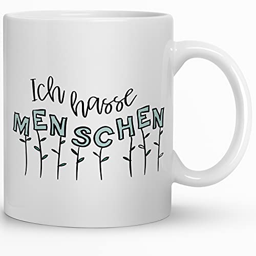 Kaffeebecher24 - Tasse ich hasse Menschen - Tasse mit Spruch - Spülmaschinenfest - Verschiedene Motive (Blumen weiß) von Kaffeebecher24