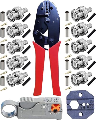 Crimpzange für RG59 - BNC/TNC Ratschen-Crimpzange und Koaxialkabel-Abisolierzange mit 10-tlg BNC-Crimp-Stecker für RG59 von Hafeehoo