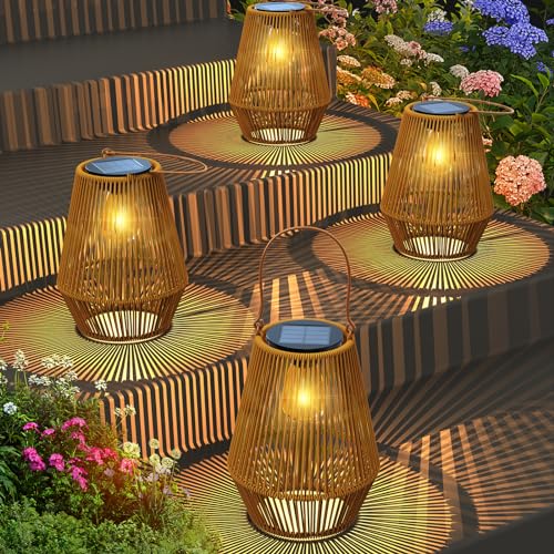 KagoLing Solar Laternen für Außen, 4 Stücke Solarlampen für Draußen im Böhmischen Stil mit LED-Glühbirne Hängend/Stehend Handgestrickte Solarlampen für Terrasse Garten Innenhof Balkon Deko weihnachten von KagoLing