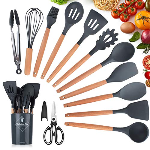 Küchenhelfer Set, KagoLing küchenutensilien set Antihaftes Hitzebeständiges küchenhelfer set silikon mit Holzgriff 13 Stücke Küchengerät Inkl Löffel, Tongs, Schneebesen, Spachtel von KagoLing