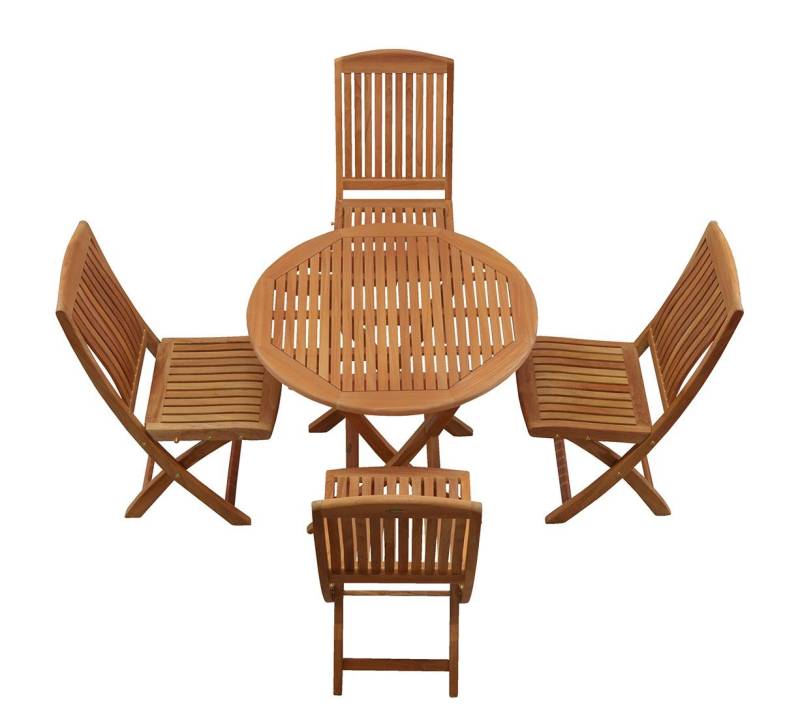 Kai Wiechmann Balkonset Premium Teak Sitzgruppe aus 4 Klappstühlen + 1 Klapptisch rund 90 cm, (5-tlg., 6 Klappstühle, 1 Tisch), edles Set aus Teak-Gartenmöbeln mit Klappfunktion von Kai Wiechmann