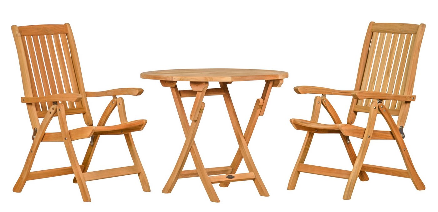 Kai Wiechmann Balkonset Exklusive Teak Sitzgruppe aus 2 Hochlehnern und 1 Klapptisch 90 cm, (3-tlg., 2 Recliner, 1 Esstisch), edles Set aus Teak-Gartenmöbeln mit Klappfunktion von Kai Wiechmann