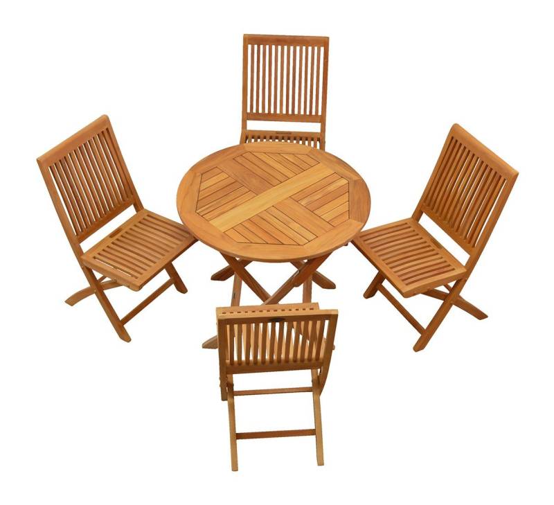 Kai Wiechmann Balkonset Exklusive Teak Sitzgruppe aus 4 Klappstühlen + 1 Klapptisch rund 90 cm, (5-tlg., 4 Klappstühle, 1 Klapptisch), edles Set aus Teak-Gartenmöbeln mit Klappfunktion von Kai Wiechmann