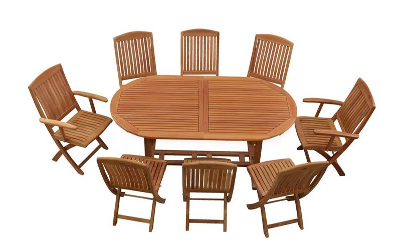 Kai Wiechmann Garten-Essgruppe Gartenmöbel Set Teak 8 Klappstühle 1 ovaler Ausziehtisch Teakholz, (9-tlg., 8 Klappstühle, 1 Ausziehtisch), edles Set aus Teak-Gartenmöbeln mit Auszugstisch von Kai Wiechmann