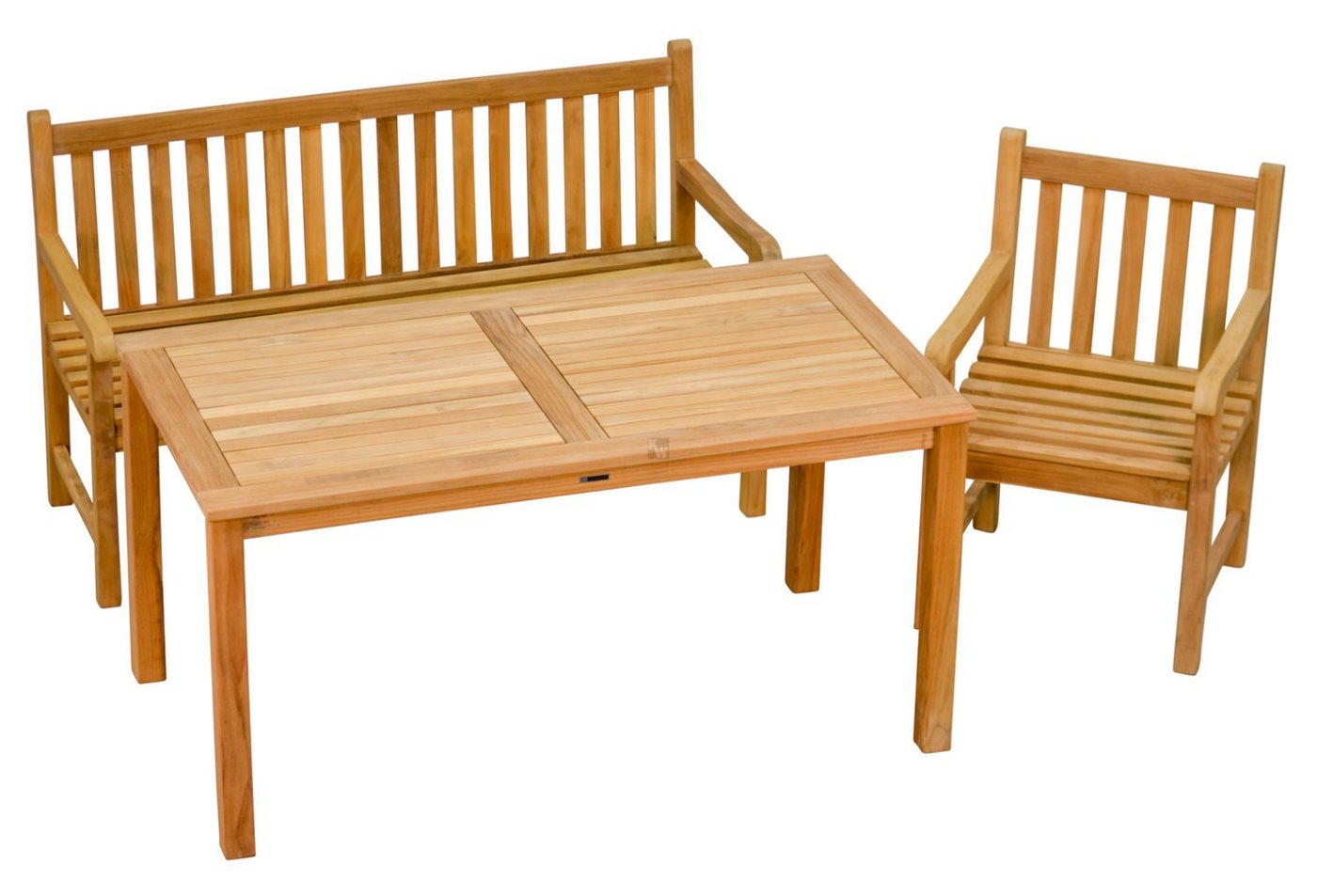 Kai Wiechmann Garten-Essgruppe Teak Sitzgruppe aus 1 Bank 150 cm, 1 Sessel und 1 Tisch 150 x 80 cm, (3-tlg., 1 Bank, 1 Sessel, 1 Tisch), dreiteiliges Set aus robusten Teak Gartenmöbeln von Kai Wiechmann