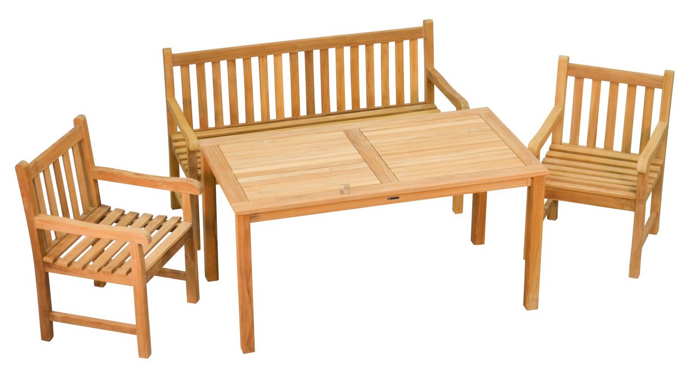 Kai Wiechmann Garten-Essgruppe Teak Sitzgruppe aus 1 Bank 150 cm, 2 Sessel und 1 Tisch 150 x 80 cm, (4-tlg., 1 Bank, 2 Sessel, 1 Tisch), vierteiliges Set aus robusten Teak Gartenmöbeln von Kai Wiechmann