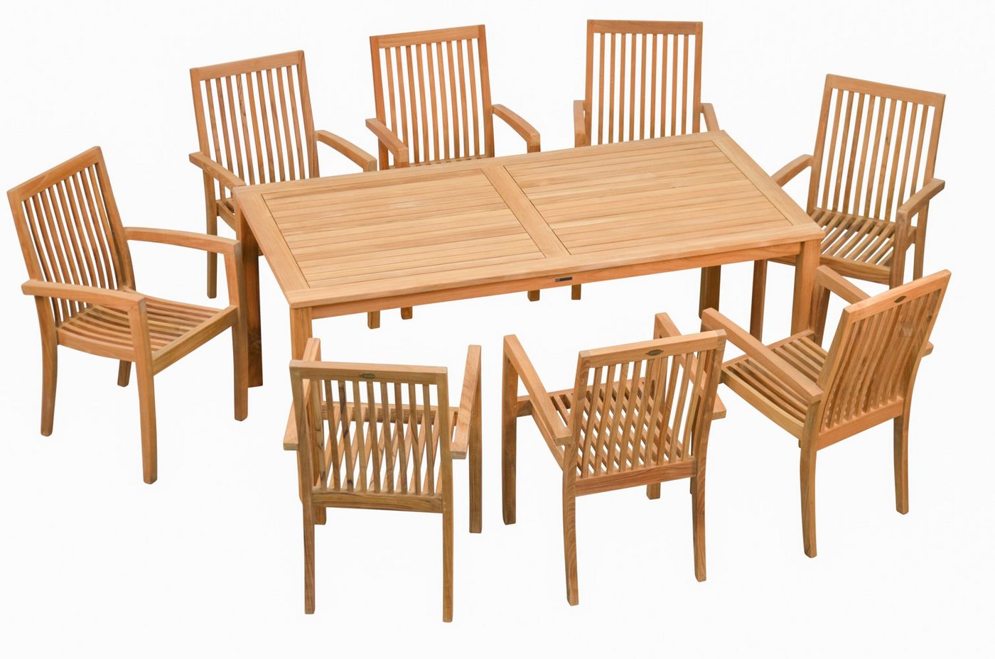 Kai Wiechmann Garten-Essgruppe Exklusive Teak Sitzgruppe aus 8 Stapelstühlen und 1 Tisch 180 x 90 cm, (9-tlg., 8 Stühle, 1 Tisch), Set aus Teak-Gartenmöbeln mit Stühlen zum Stapeln von Kai Wiechmann