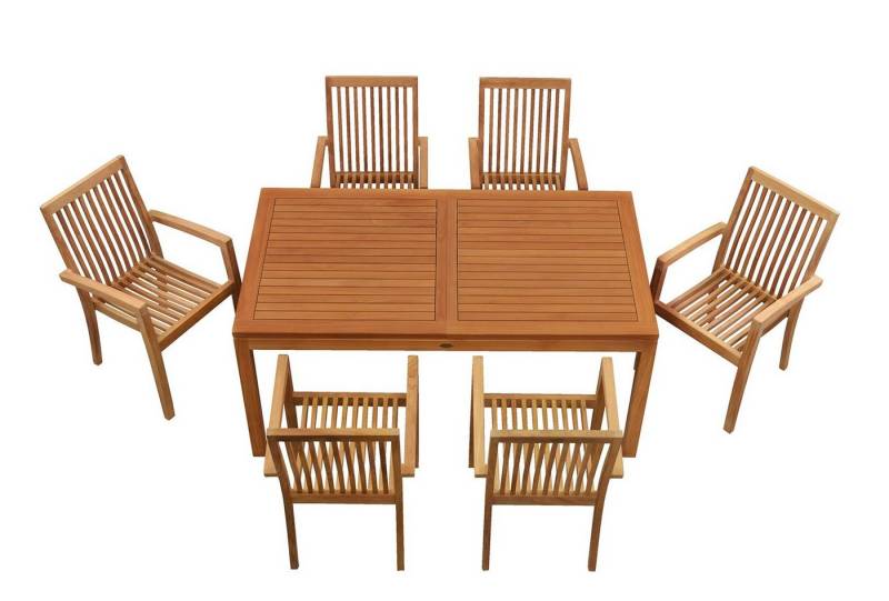 Kai Wiechmann Garten-Essgruppe Premium Teak Sitzgruppe aus 6 Stapelstühlen und 1 Ausziehtisch, (7-tlg., 6 Stapelstühle, 1 Ausziehtisch), modernes Teak-Gartenmöbel Set mit Auszugstisch von Kai Wiechmann