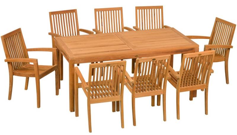 Kai Wiechmann Garten-Essgruppe Premium Teak Sitzgruppe aus 8 Stapelstühlen und 1 Tisch 180 x 90 cm, (9-tlg., 8 Stühle, 1 Tisch), Set aus Teak-Gartenmöbeln mit Stühlen zum Stapeln von Kai Wiechmann