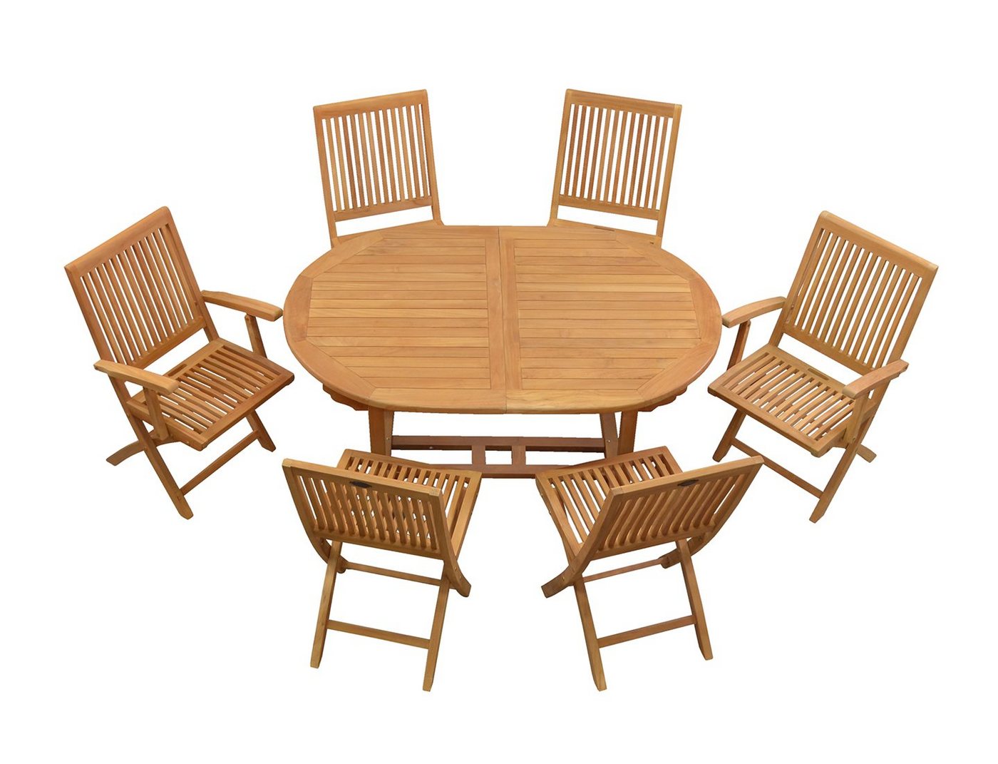 Kai Wiechmann Garten-Essgruppe Exklusive Teak Sitzgruppe aus 6 Klappstühlen und 1 ovalen Ausziehtisch, (7-tlg., 6 Klappstühle, 1 Ausziehtisch), edles Set aus Teak-Gartenmöbeln mit Auszugstisch von Kai Wiechmann