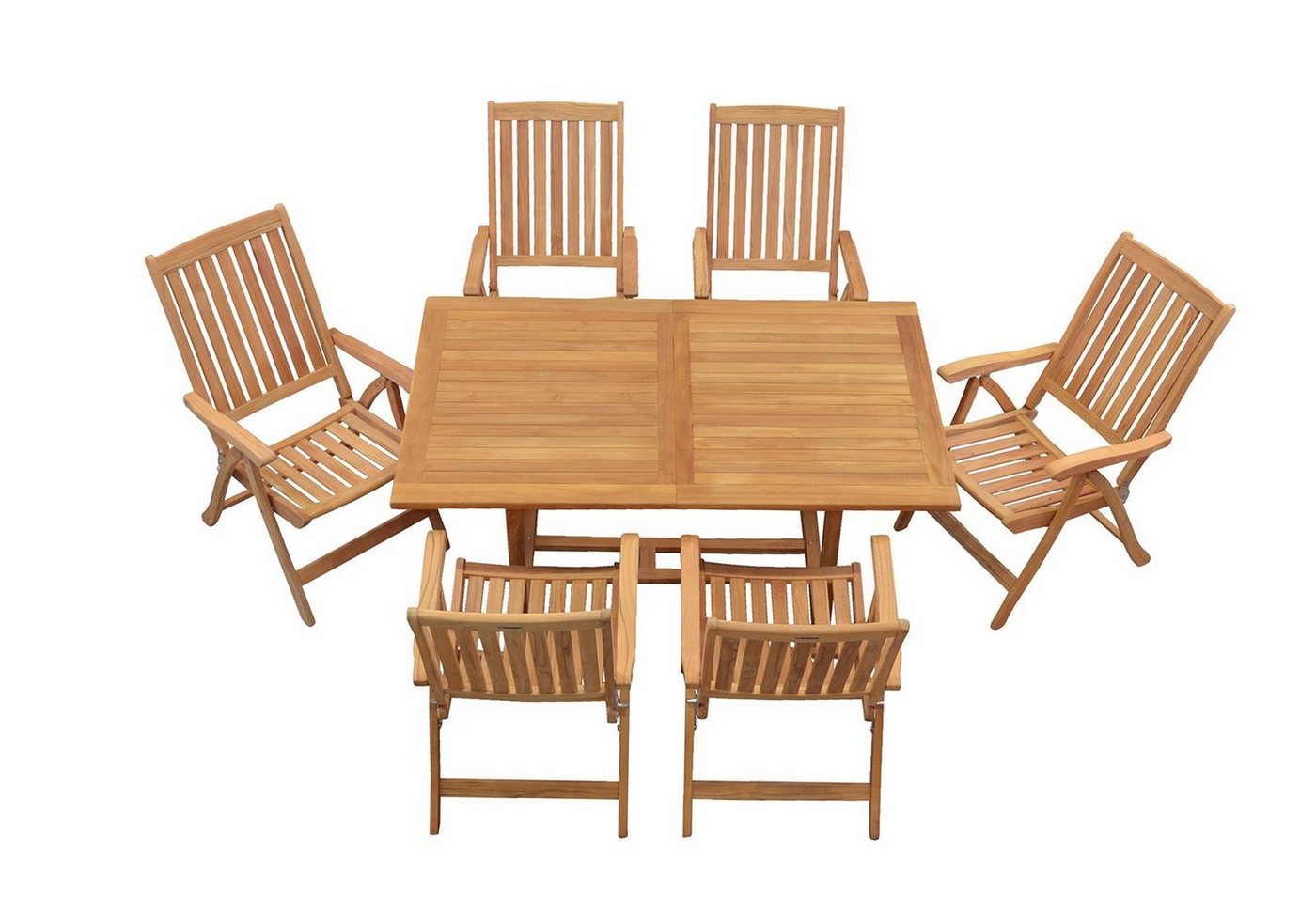 Kai Wiechmann Garten-Essgruppe Exklusive Teak Sitzgruppe aus 6 Hochlehnern und 1 eckigen Ausziehtisch, (7-tlg., 6 Recliner, 1 Ausziehtisch), edles Set aus Teak-Gartenmöbeln mit Auszugstisch von Kai Wiechmann