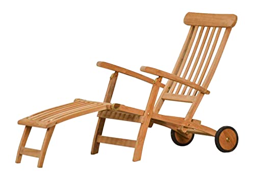 Kai Wiechmann Liegestuhl Holz Teak Deckchair Gartenliege Sonnenliege mit Armlehnen Rollen klappbar Premium von Kai Wiechmann