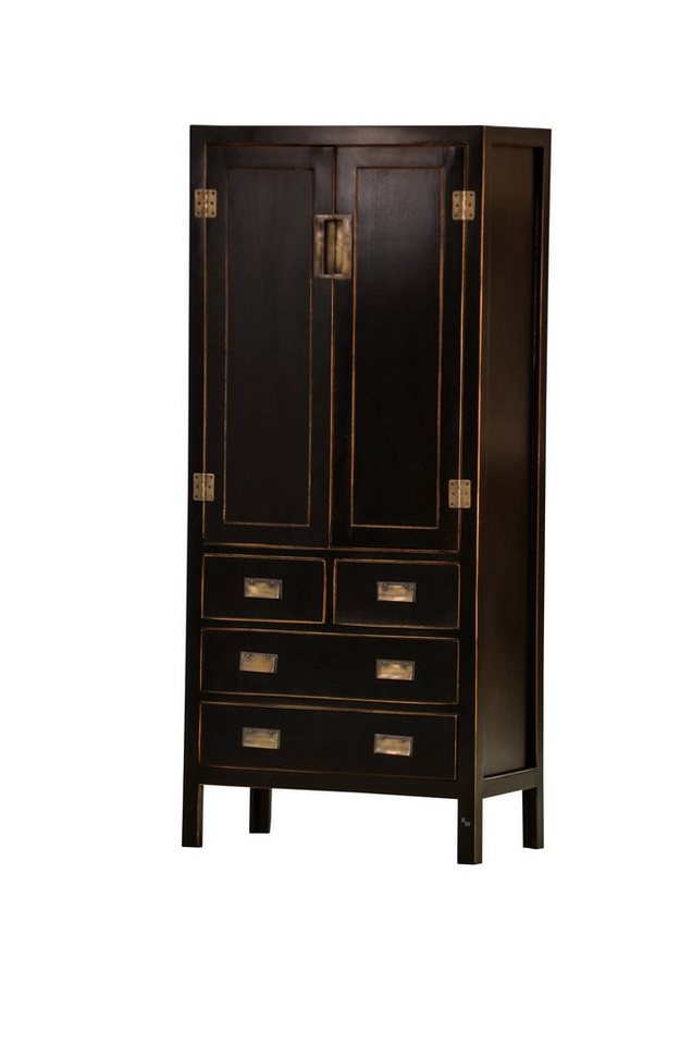 Kai Wiechmann Vorratsschrank Asiatischer Schrank Shanghai schwarz, Hochschrank, Mehrzweckschrank (zwei Regalböden, vier Schubladen) 75x170x40 cm, zweitürig, Massivholz, Shabby Chic von Kai Wiechmann