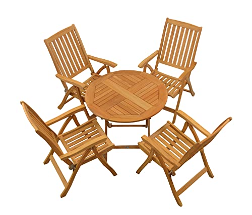 Teak Sitzgruppe 4 Hochlehner klappbar 1 Klapptisch rund 90 cm als Garten-Set von Kai Wiechmann