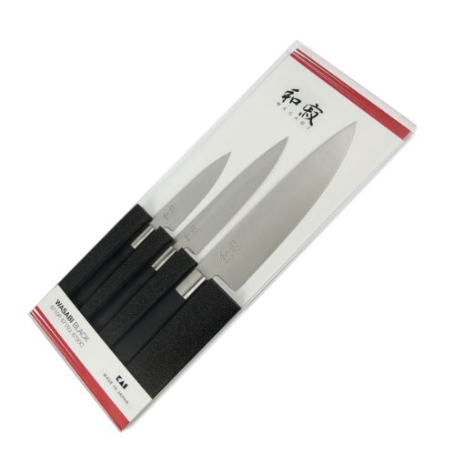 KAI Wasabi Black Messer Set - Allzweckmesser 10 cm, Allzweckmesser 15 cm, Kochmesser 20 cm - rostfreier 6A/1K6 Edelstahl poliert 58 (±1) HRC - schwarzer Polyphropylen Griff - Made in Japan von KAI