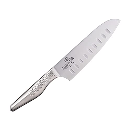 KAI Seki Magoroku Shoso Santoku mit Kullenschliff 16,5 cm Klingenlänge - 5CR15MoV Edelstahl 56 (±1) HRC - konvexer Anschliff 18-8 Edelstahl Griff mit Rautenmuster - Made in Japan von KAI