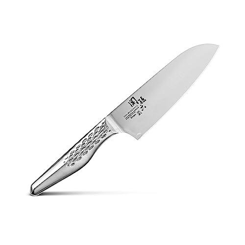 KAI Seki Magoroku Shoso Santoku klein 14,0 cm Klingenlänge - 5CR15MoV Edelstahl 56 (±1) HRC - konvexer Anschliff - 18-8 Edelstahl Griff mit Rautenmuster - japanisches Kochmesser - Made in Japan von KAI