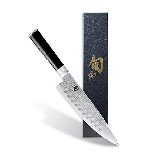 KAI Shun Classic japanisches Kochmesser 20 cm Klingenlänge mit Kullenschliff - Damastmesser 32 Lagen VG MAX Kern - 61 (±1) HRC - Pakkaholzgriff - Made in Japan - Küchenmesser Chefmesser geschmiedet von Shun