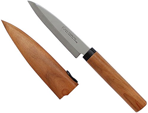 KAI Select Früchtemesser mit Holzscheide und Kirschbaumholzgriff - rostfreier SUS420J2 Edelstahl - Klingenlänge 9 cm, Gesamtlänge 20,5 cm - Universalmesser Obstmesser Schälmesser von KAI