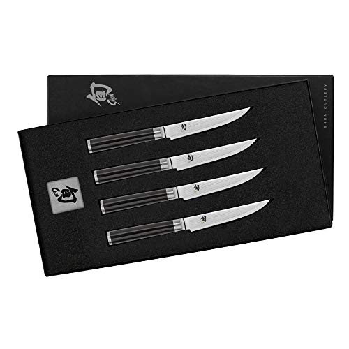 KAI Shun Classic japanisches Steakmesser 4er Set 12 cm Klingenlänge - Damastmesser 32 Lagen VG MAX Kern - 61 (±1) HRC - Pakkaholzgriff - Made in Japan - Grillmesser Tafelmesser geschmiedet von KAI